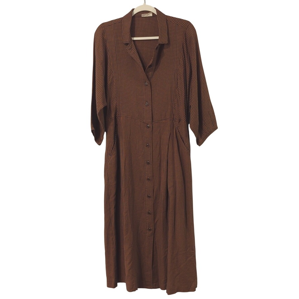Poetry Gingham Midi Dress Brown Wool Blend Button Front Shift Dress size 8